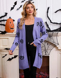 Women's black Halloween cardigan with orange Jacquard pumpkin head pattern on the front.