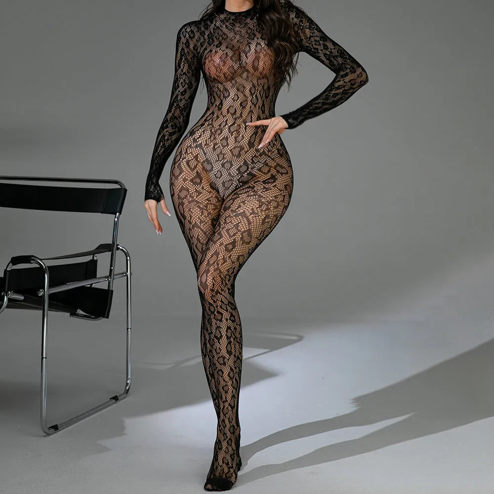 Women's black fishnet lingerie bodysuit with Jacquard detailing, long sleeves, and backless design