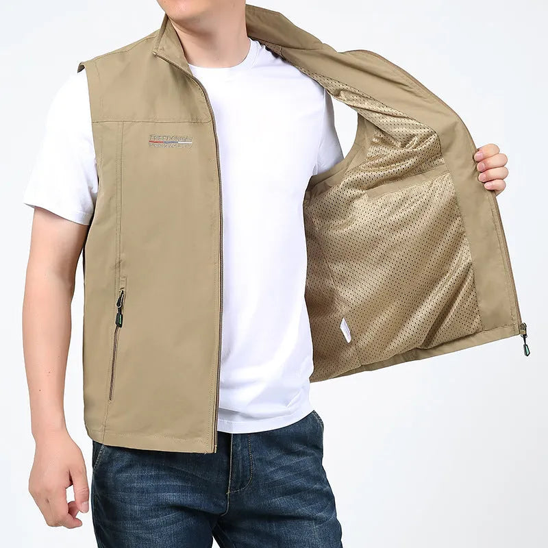 Multi-pocket waterproof hooded vest in stripe pattern available in khaki green black blue colours