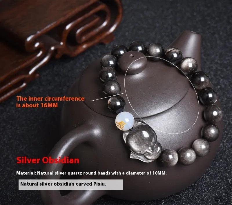 Natural obsidian stone bracelet with 10mm beads shown in gold, silver, and plain black style variations.