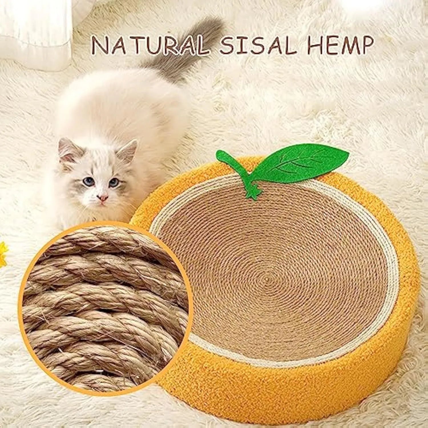 Yellow fruit design round cat scratching board with sisal surface and sleeping area