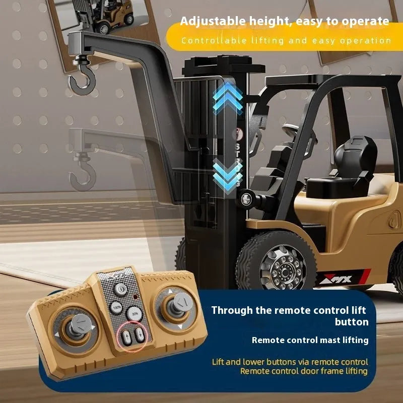 Miniature alloy forklift remote control car with cargo attachments on pallet