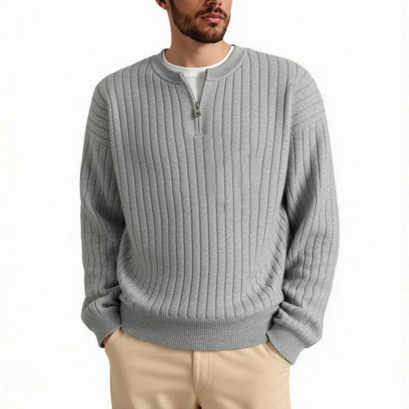 Men's grey half zip sweater with texture knit fabric and loose fit design