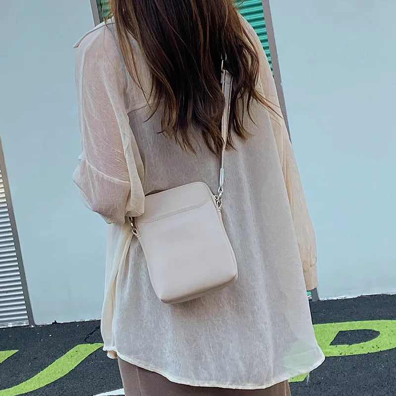 Solid colour mobile phone shoulder bag with crossbody strap in black, beige, khaki or green