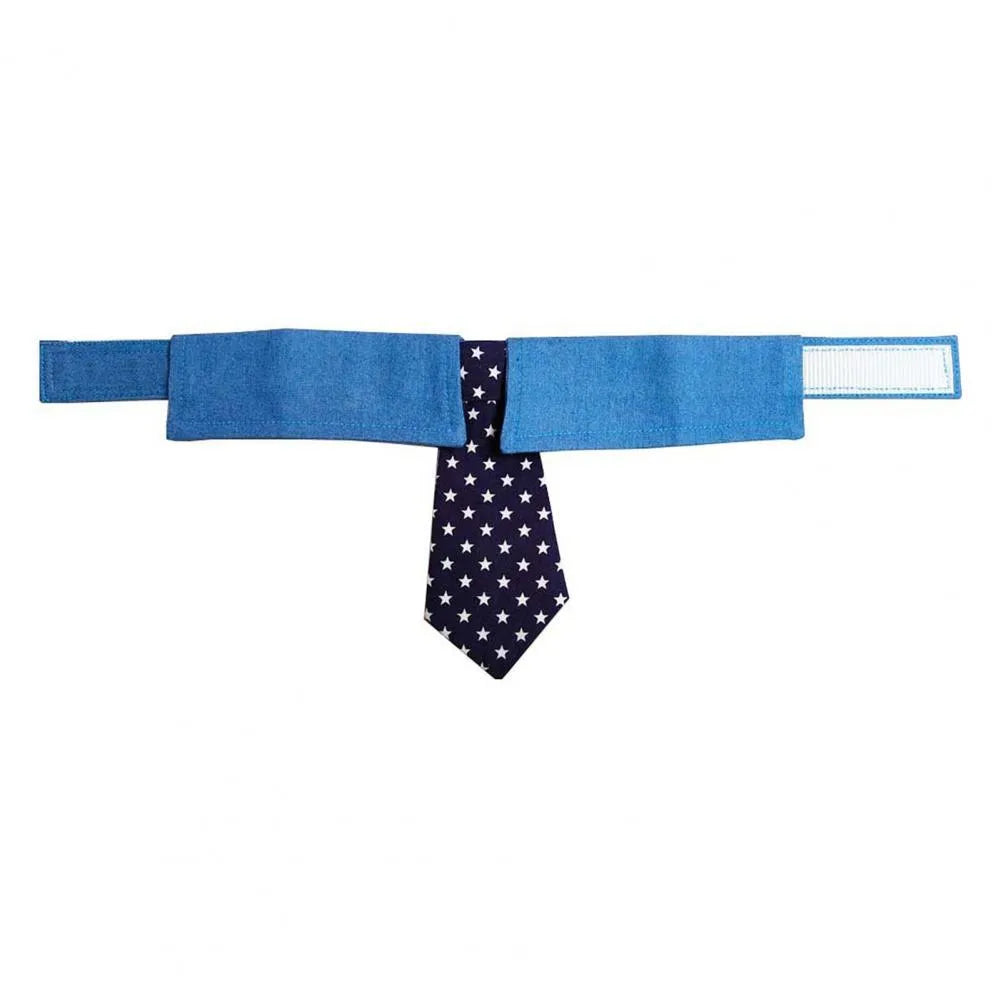 Blue denim adjustable dog collar with a black bow tie featuring white star patterns.