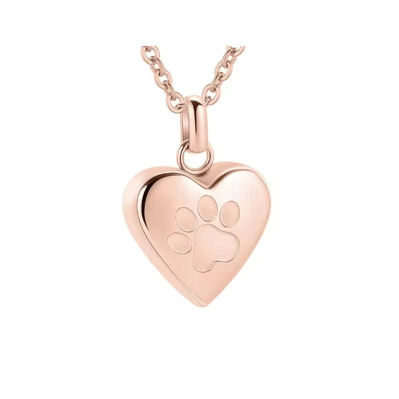 Titanium steel heart pendant casket necklace with love paw print design that opens for memorial ashes