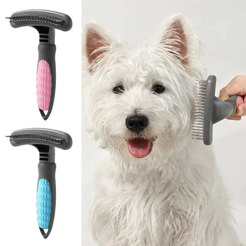 Pet grooming comb for cats and dogs with pink handle and stainless steel teeth