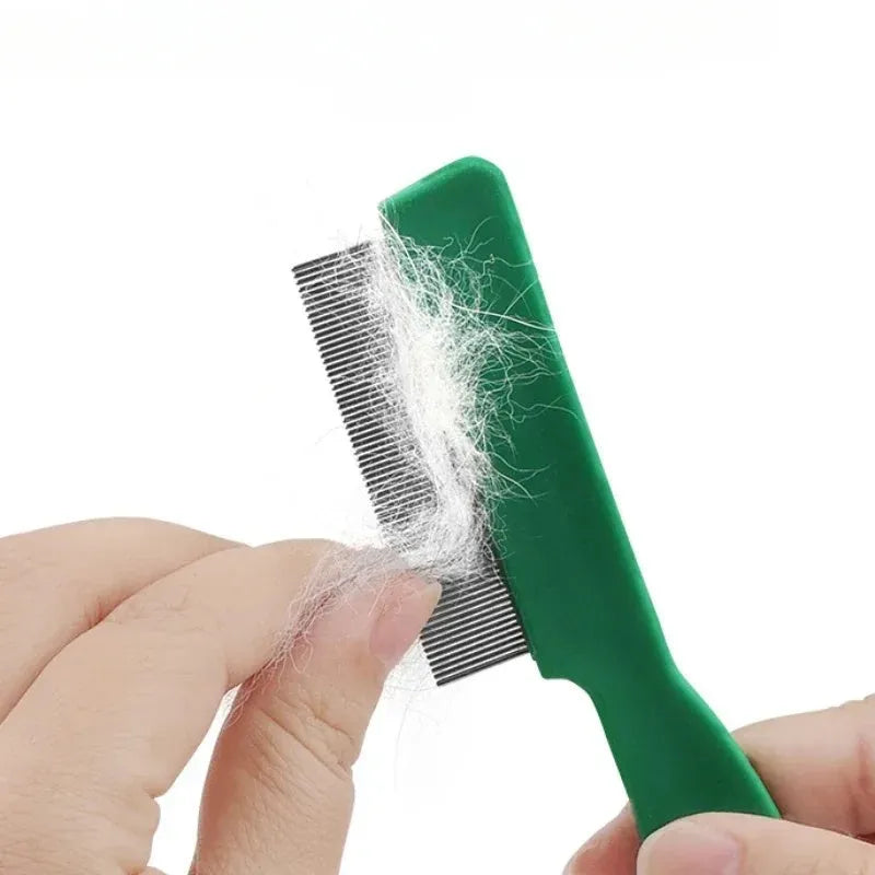 Green plastic-handled pet flea comb with stainless steel pins for dog and cat grooming