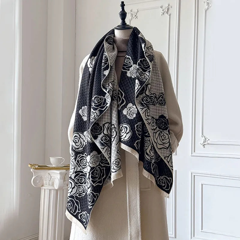 Long grey imitation cashmere winter scarf with tassels, shown draped