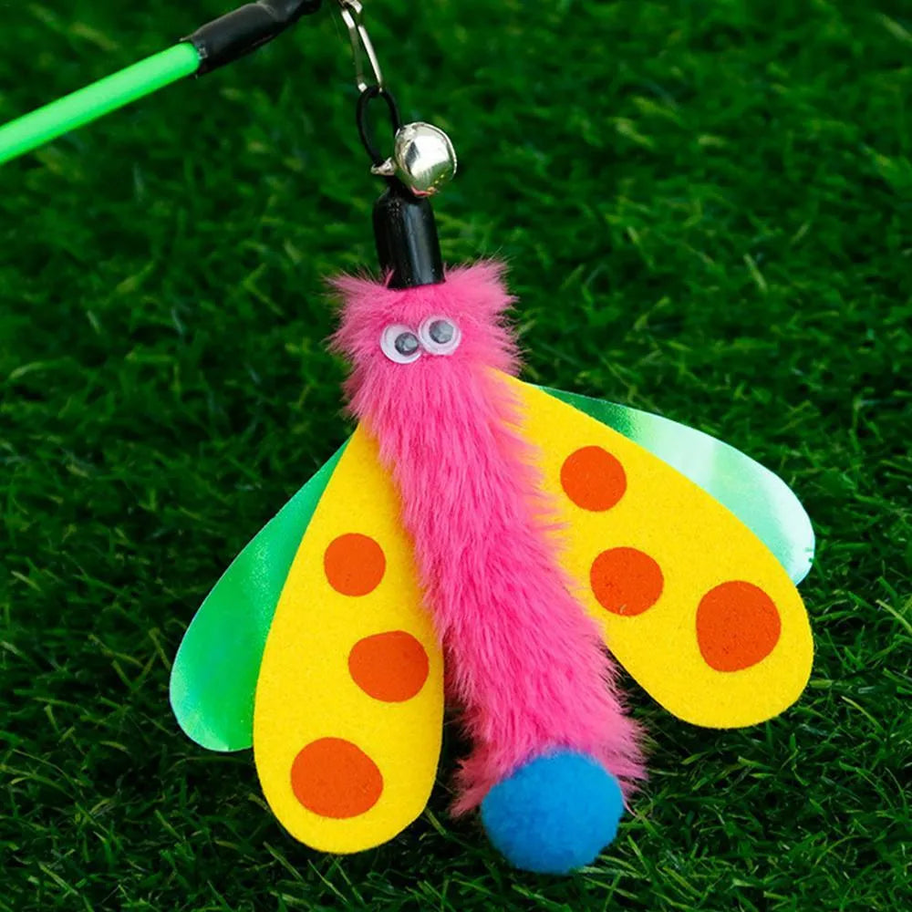 Blue cat wand toy with dragonfly attachment and bell for interactive indoor play