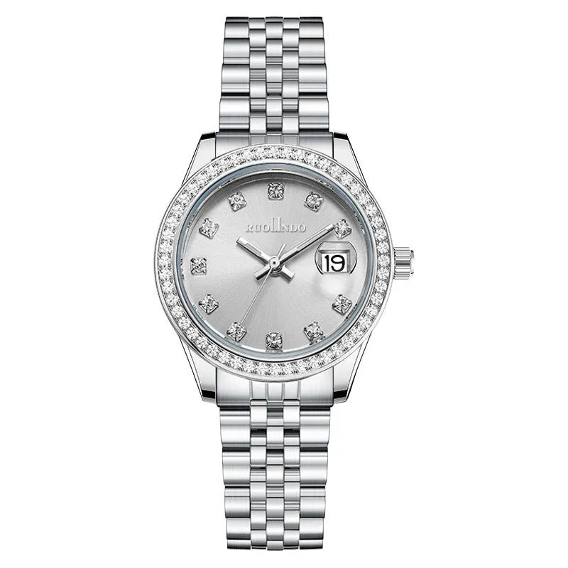 Women's silver alloy calendar watch with circular 32mm dial and stainless steel folding buckle