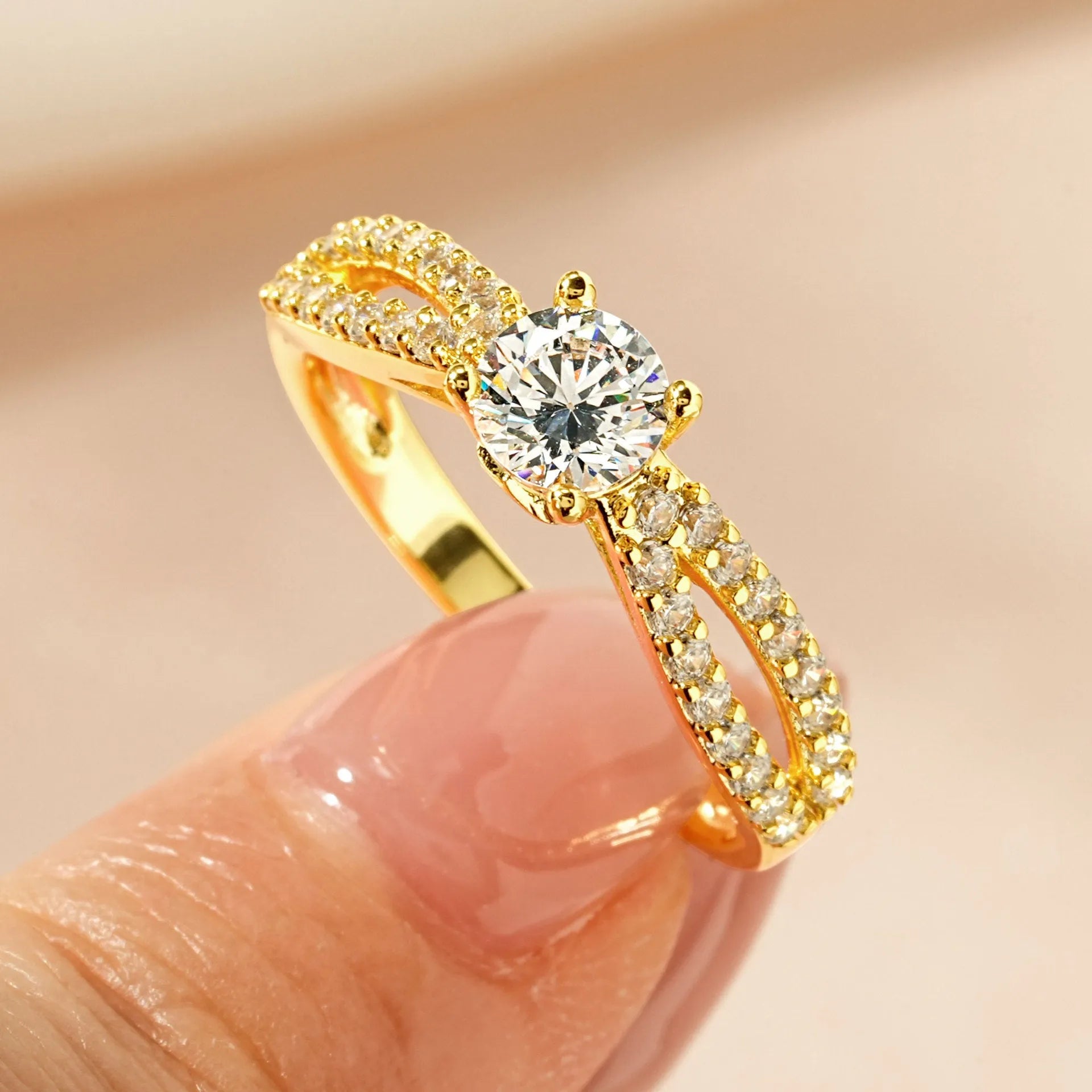Women's geometric zircon ring in copper with electroplated finish, available in heart, split-arm, and star designs