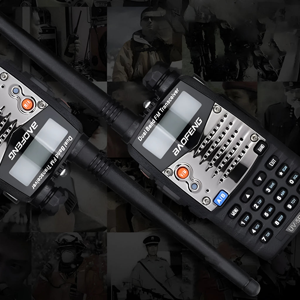 Baofeng UV-5RA dual-band handheld radio transceiver with dual display screen and removable battery