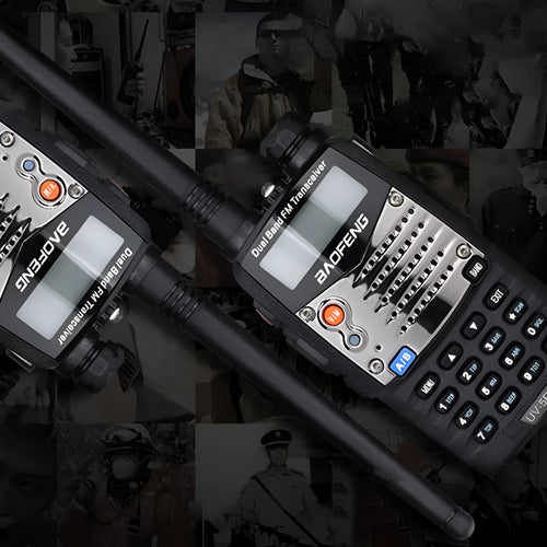Baofeng UV-5RA dual-band handheld radio transceiver with dual display screen and removable battery