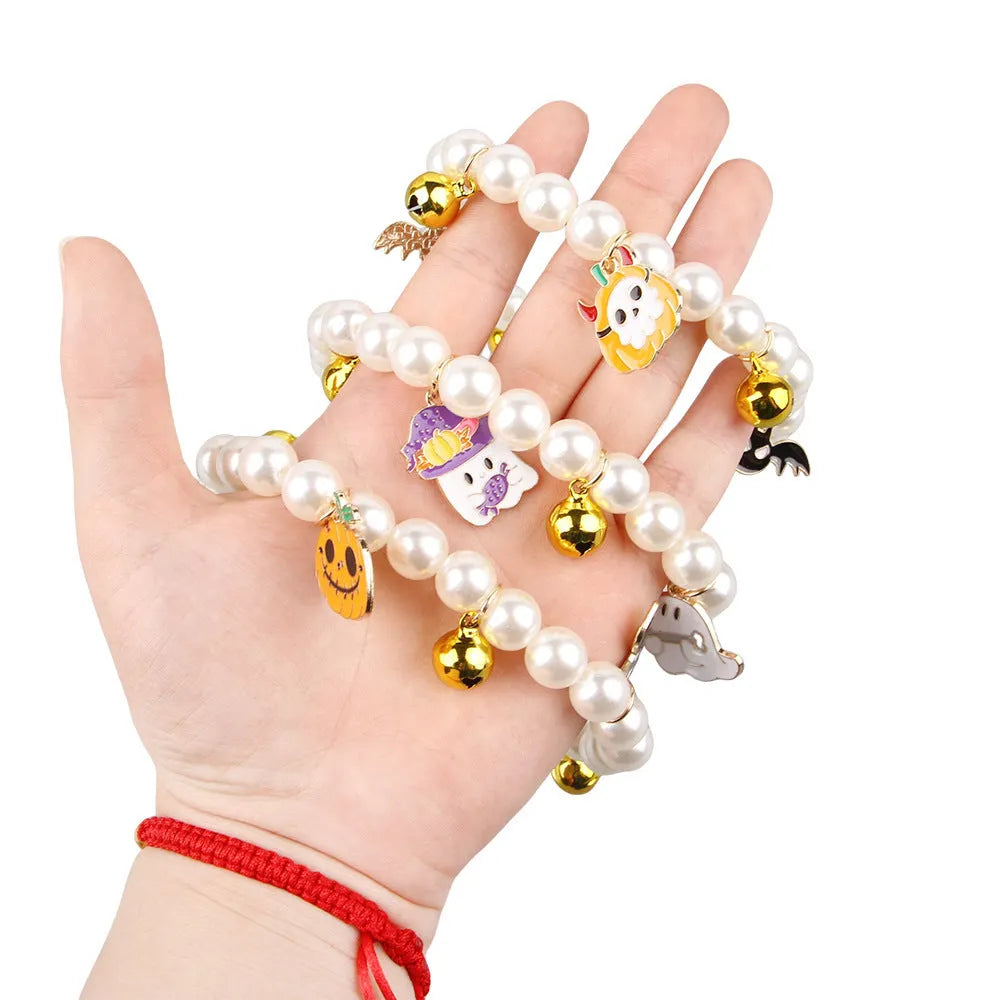 Halloween pet collar with simulated pearl necklace decoration in pumpkin designs