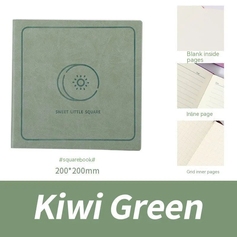 Square faux leather notebook with Daolin paper pages in peach pink, avocado green, and blueberry purple colour options