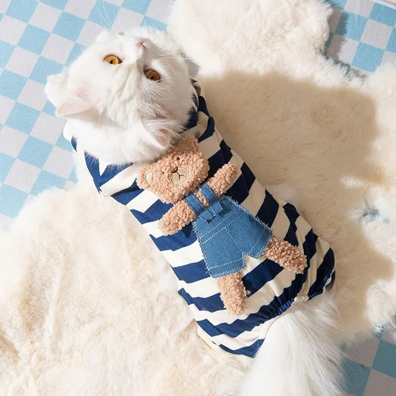 Blue striped bear four-legged pet pyjamas on a small dog with pullover round neck and long sleeves