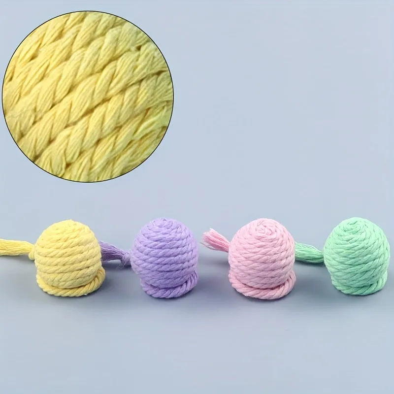 Cat toy ball with rope and bell in green, pink, purple, or yellow colour, small 3cm or medium 6cm size