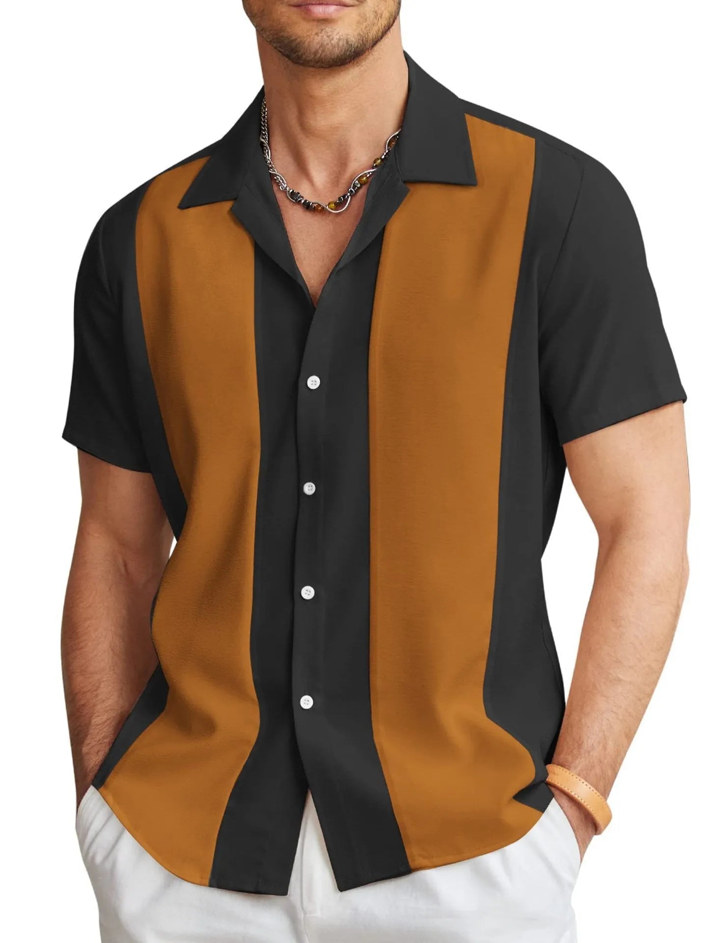 Men's slim fit Hawaiian shirt with digital printed pattern on four-way elastic polyester fabric