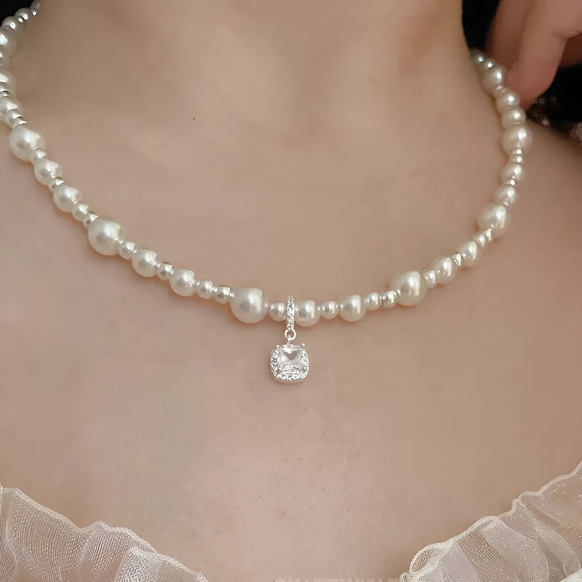 Cube sugar pearl necklace with star copper pendant on pearl chain