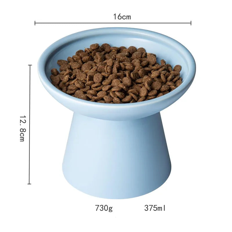 Extra wide elevated ceramic cat food bowl in blue green pink or white colour