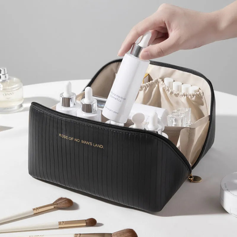 Vertical pattern cubic makeup bag in PU leather measuring 22.5 x 12.5 x 12.5 cm