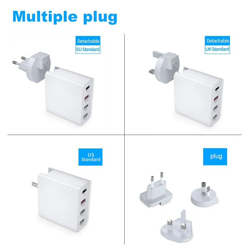 White multi-port USB wall charger with fast charging, showing PD and QC ports.