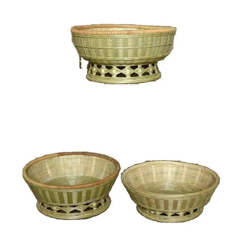 Handmade natural bamboo storage basket set showing three different sizes for household organisation