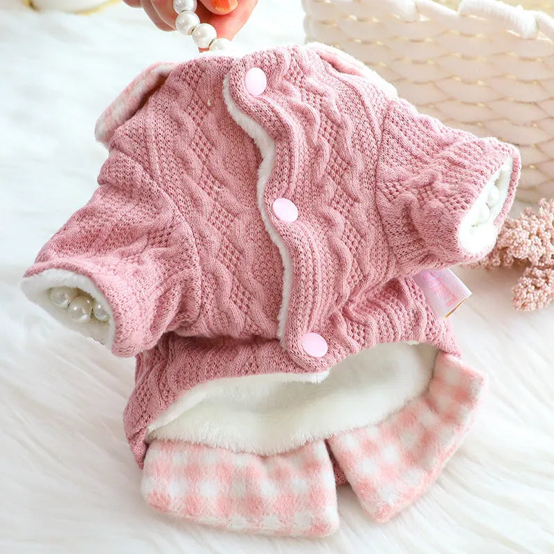 Blue wool plaid dog sweater with fleece lining and two-piece style on medium-sized dog