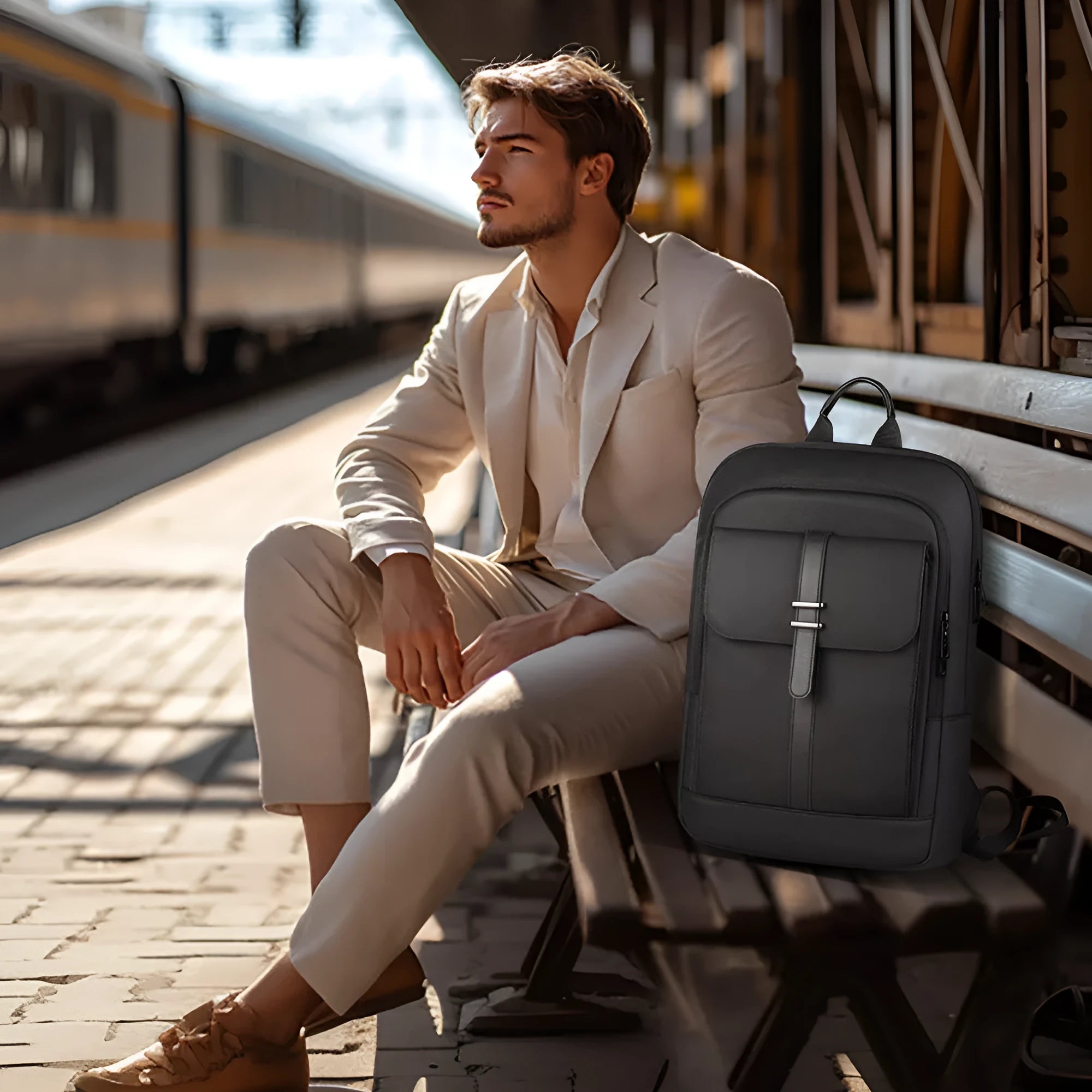 Black Oxford cloth lightweight backpack with sewing line detail for business commuting
