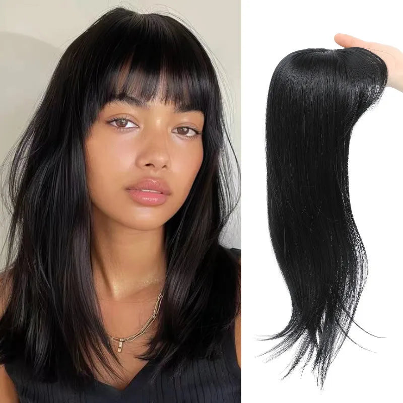 Synthetic high temperature fibre wig hairpiece with inner buckle and hair clip attachment in one of six colour styles.