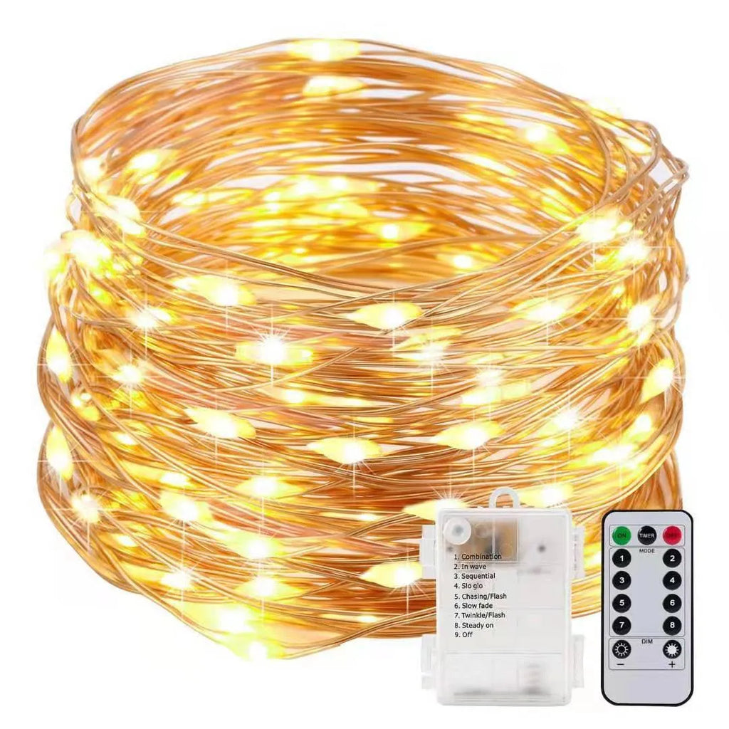 12 metre copper wire LED string lights with 120 bulbs in battery-powered light post