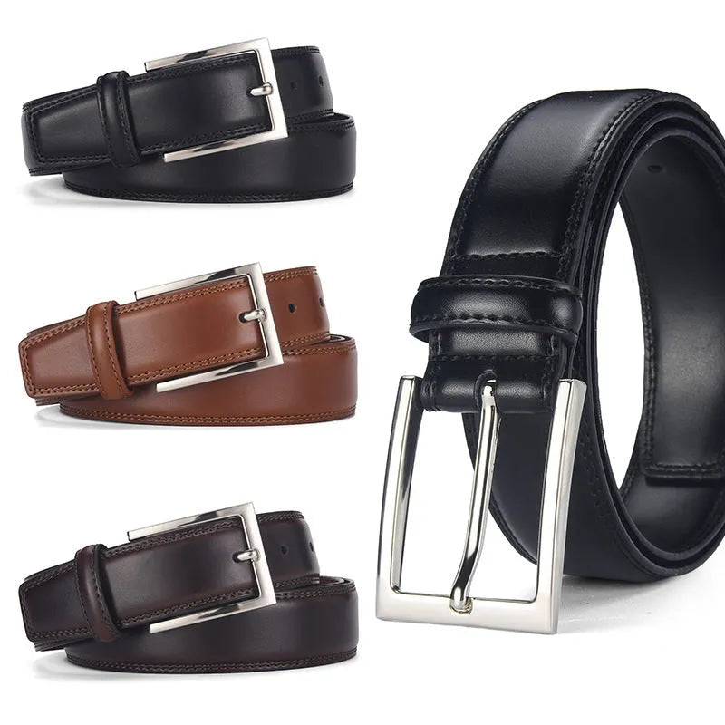 Men's black leather belt with silver alloy pin buckle showing two-layer cowhide construction