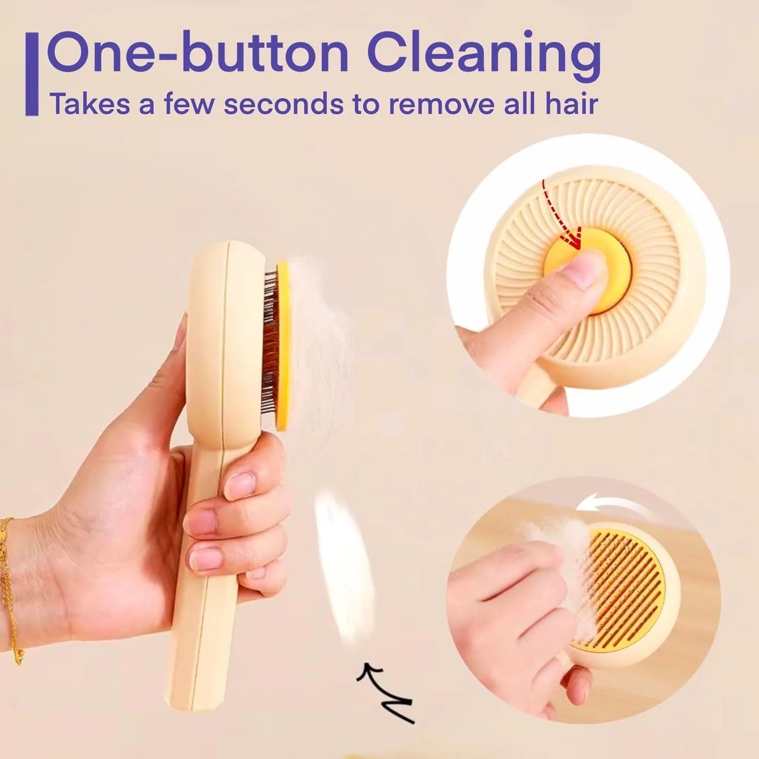 Blue self-cleaning pet grooming brush with metal pins and a button for hair removal