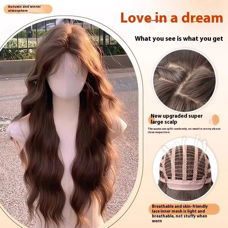 Full-head long curly synthetic wig with side bangs in cold brown colour.