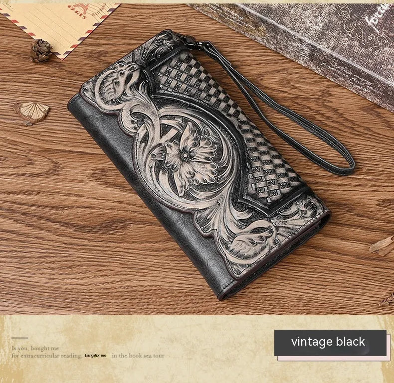 Chinese floral embossed tri-fold women's wallet in retro brown cowhide leather showing folded dimensions