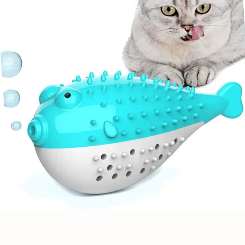 Blue silicone fish-shaped chew toy for cats on a plain background