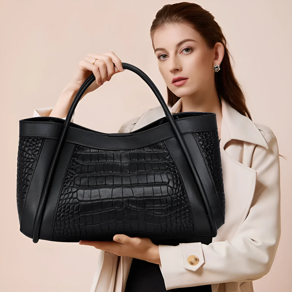 Genuine leather crossbody bag black first layer cowhide 40cm large capacity with single shoulder strap