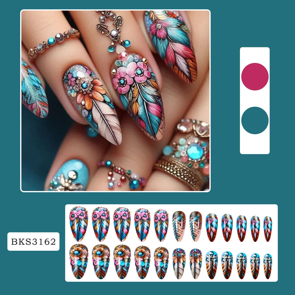 Plastic retro feather armour nail art decorative pieces in multiple patterns including cartoon, floral, and heart designs