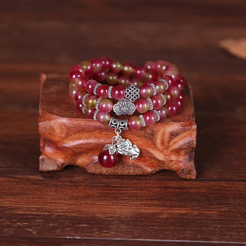 Handmade natural watermelon crystal bracelet with Chinese knot and geometry style design