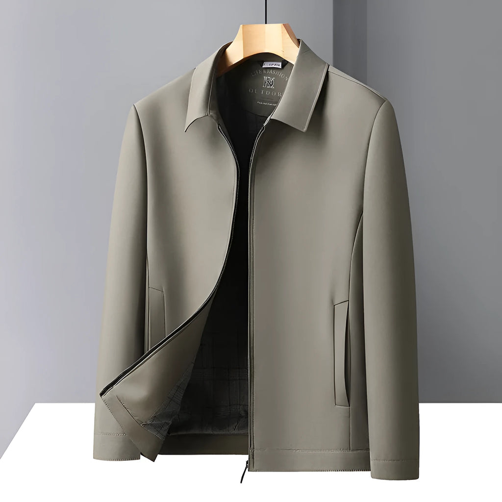Men's loose-fit solid colour polo collar casual jacket with side seam pockets