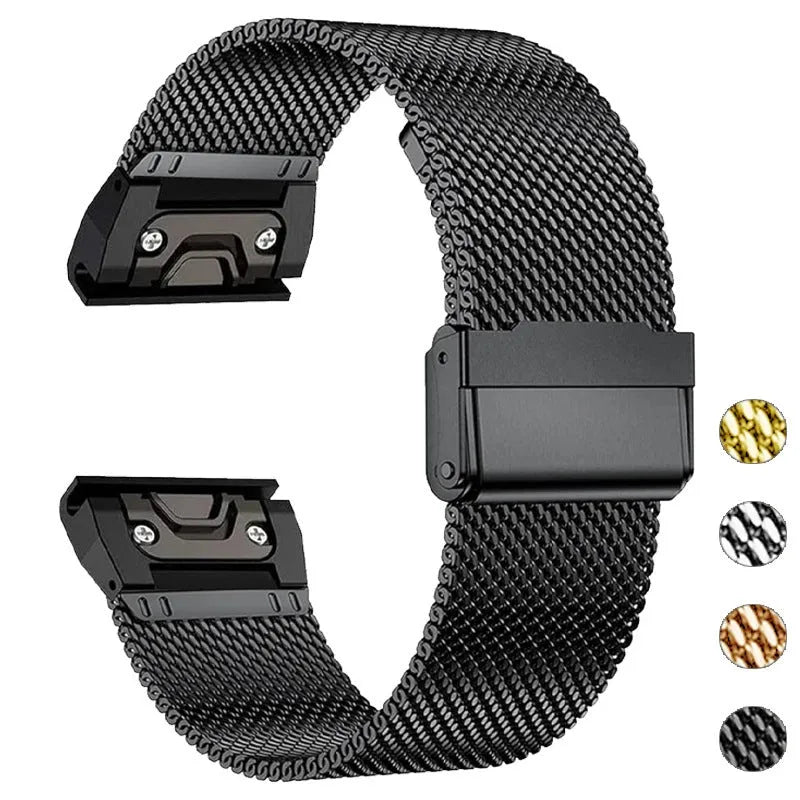 Stainless steel replacement watch strap for Garmin Fenix smartwatch in silver, black, gold, and rose gold colour options.