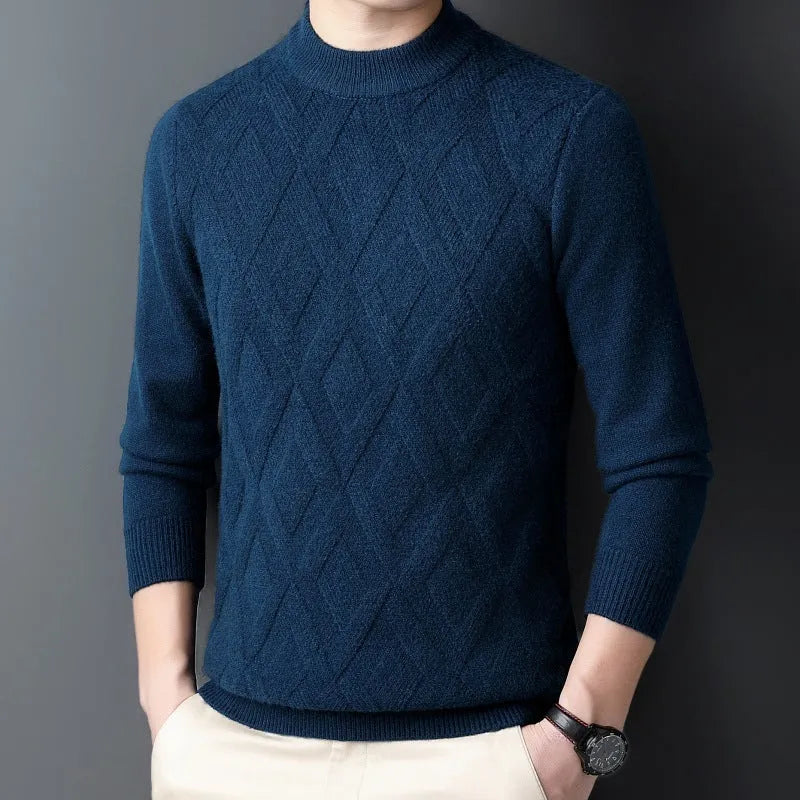 Men's winter thermal wool diamond jacquard pullover sweater shown in light camel colour