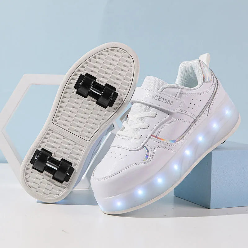 Children's charging flash roller skates with illuminated LED wheels in pink, available in two and four-wheel designs.