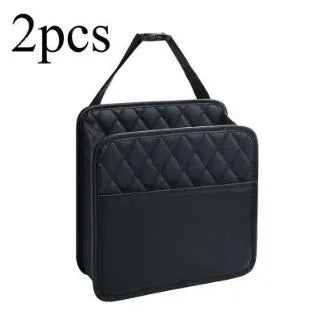 Black leather hanging storage bag for car interior organisation