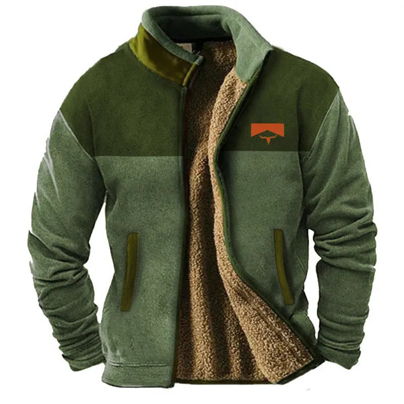 Man wearing a light brown polyester fleece padded coat, regular fit
