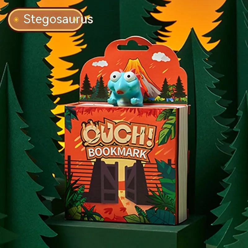 Dinosaur series bookmark showing Tyrannosaurus Rex, Triceratops, Stegosaurus, and Parasaurolophus designs in animation style