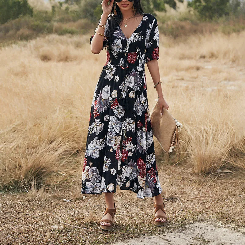 Women's floral print summer dress with V neck and elastic waist in yellow, black, and blue colours