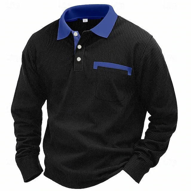 Men's long-sleeved waffle texture polo shirt with asymmetric design in available colours