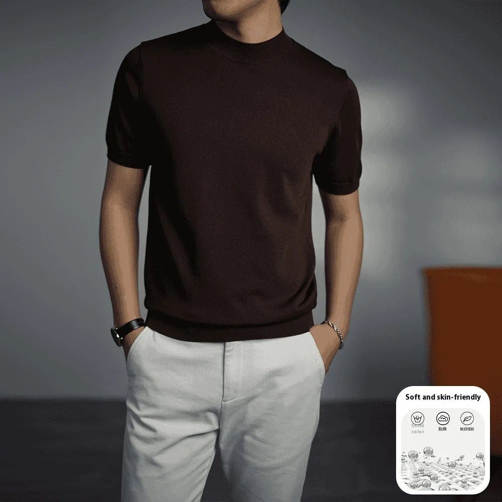 Men's knitted t-shirt in chemical fibre blend with round neck and short sleeves in solid colour options